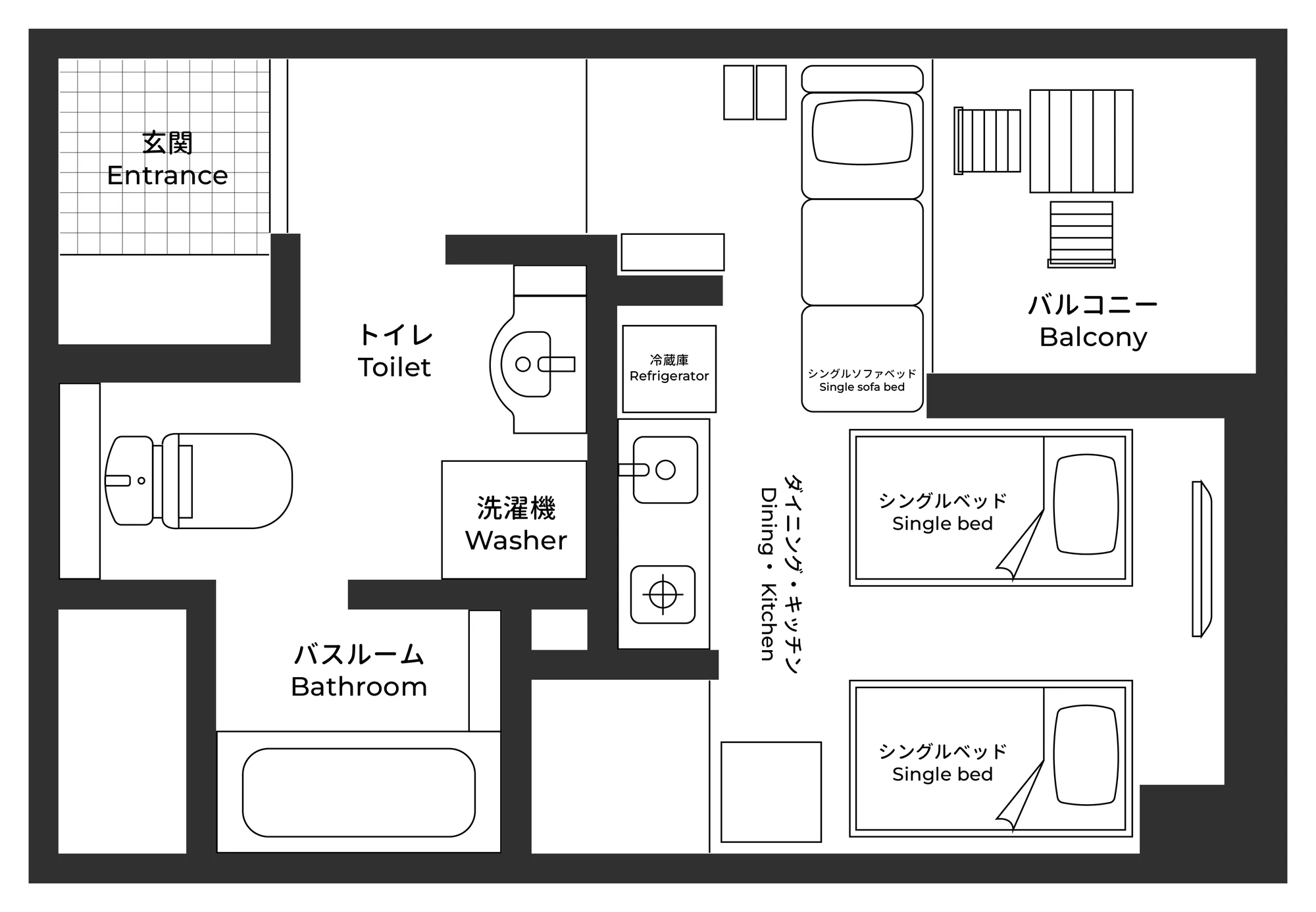 Floor plan with the sofa bed: two single beds and the single sofa bed opened as a bed